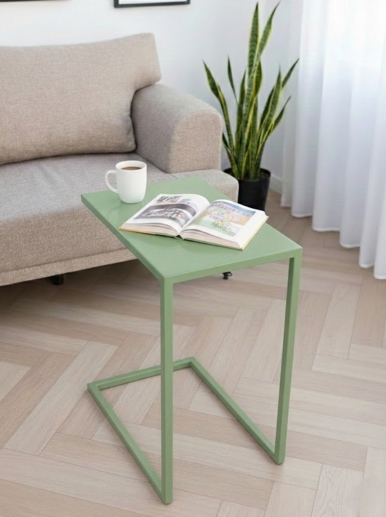 Pastel Yeşil Metal C Sehpa Modern Minimalist Yan Sehpa Koltuk Altına Giren Laptop ve Kahve Sehpası