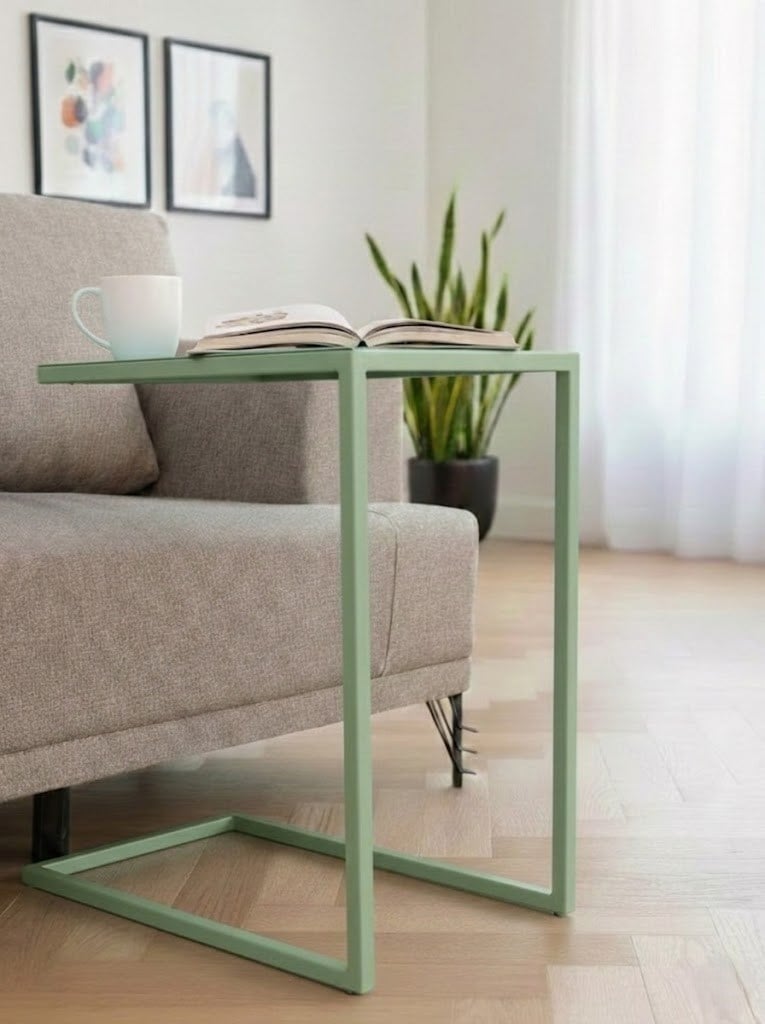 Pastel Yeşil Metal C Sehpa Modern Minimalist Yan Sehpa Koltuk Altına Giren Laptop ve Kahve Sehpası