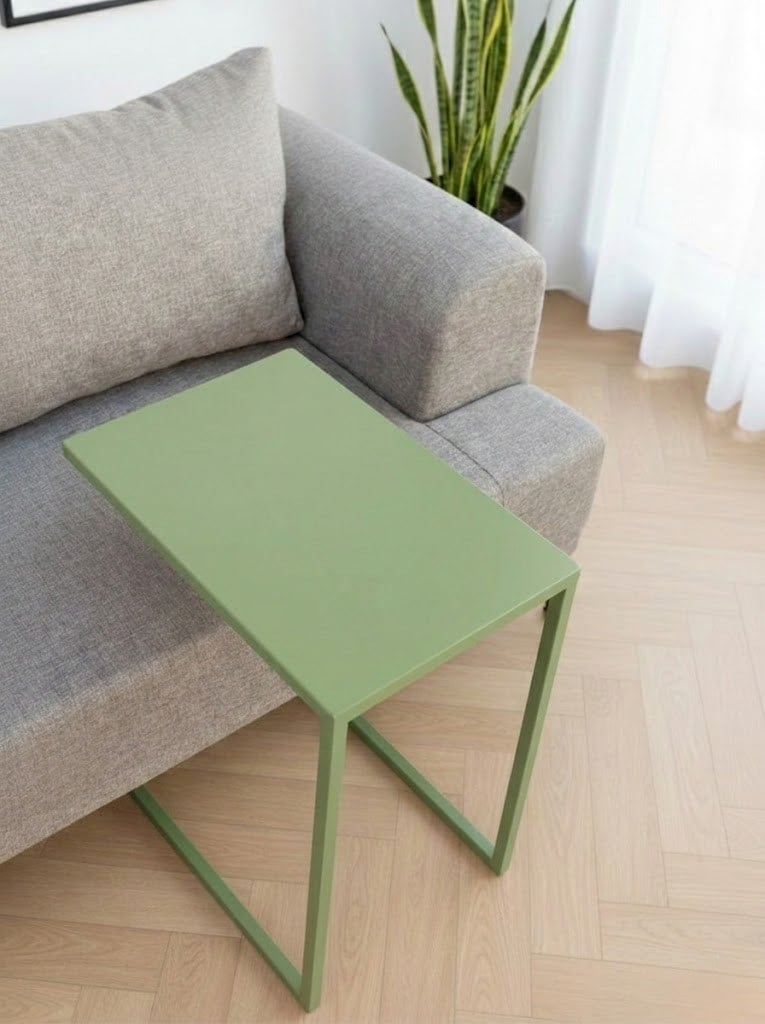 Pastel Yeşil Metal C Sehpa Modern Minimalist Yan Sehpa Koltuk Altına Giren Laptop ve Kahve Sehpası