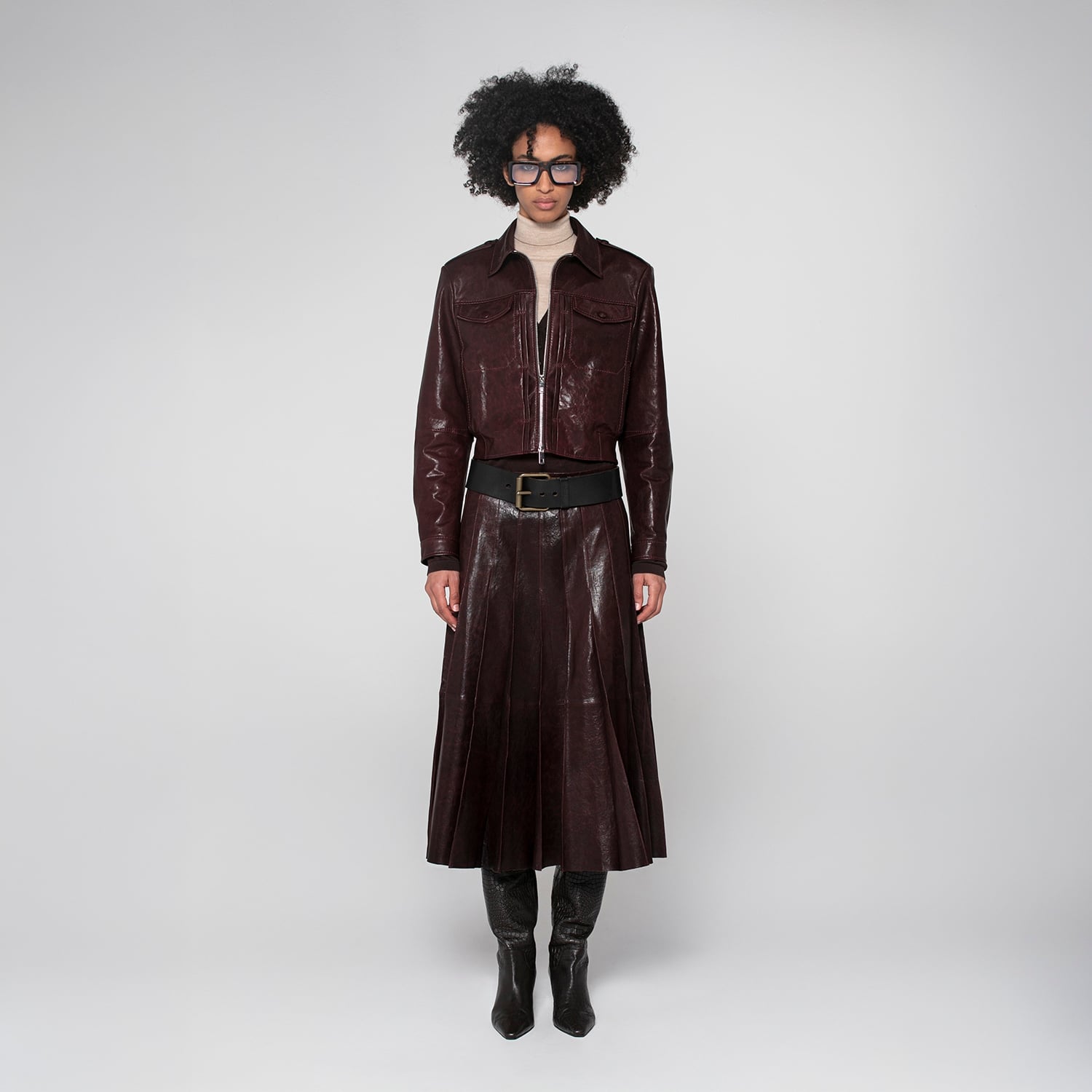 K15218 - LEATHER CUT PLEATS SKIRT 
