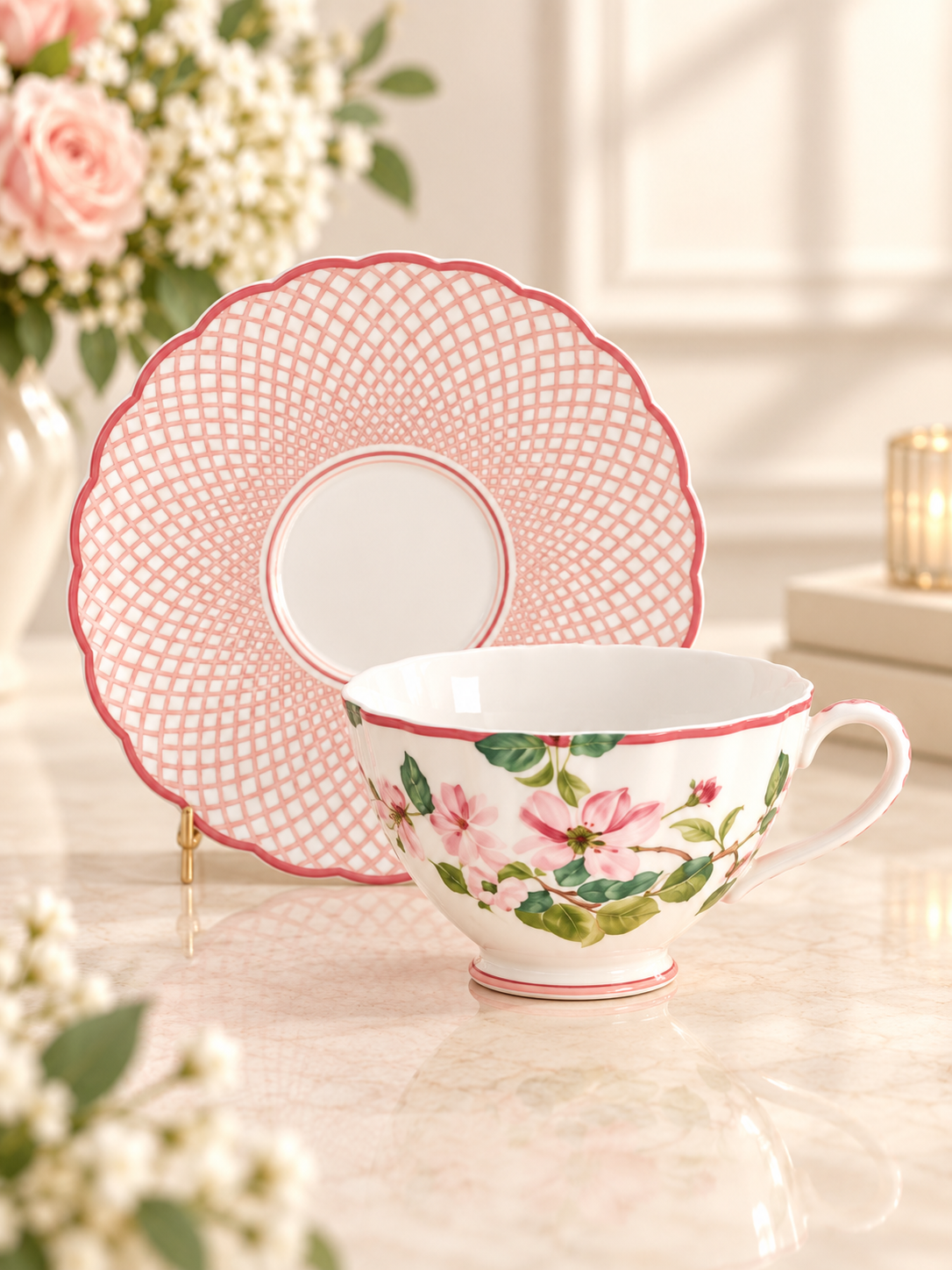 DekuvaDekuva Ze Gallert Tea Delight Horticool Pembe Desenli 12 Parça 6 Kişilik Kahve Fincanı Takımı40hc2