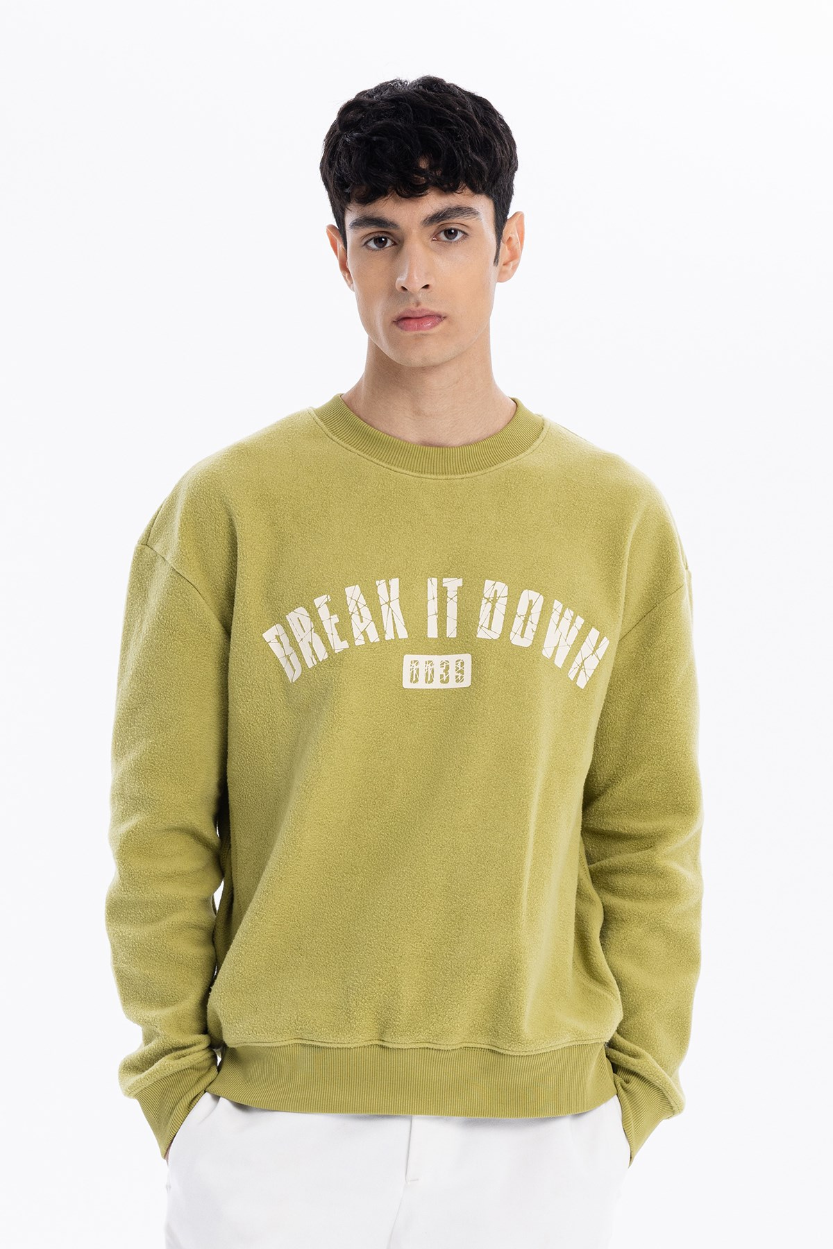 Bisiklet Yaka Baskılı %100 Pamuk Polar Erkek Sweatshirt
