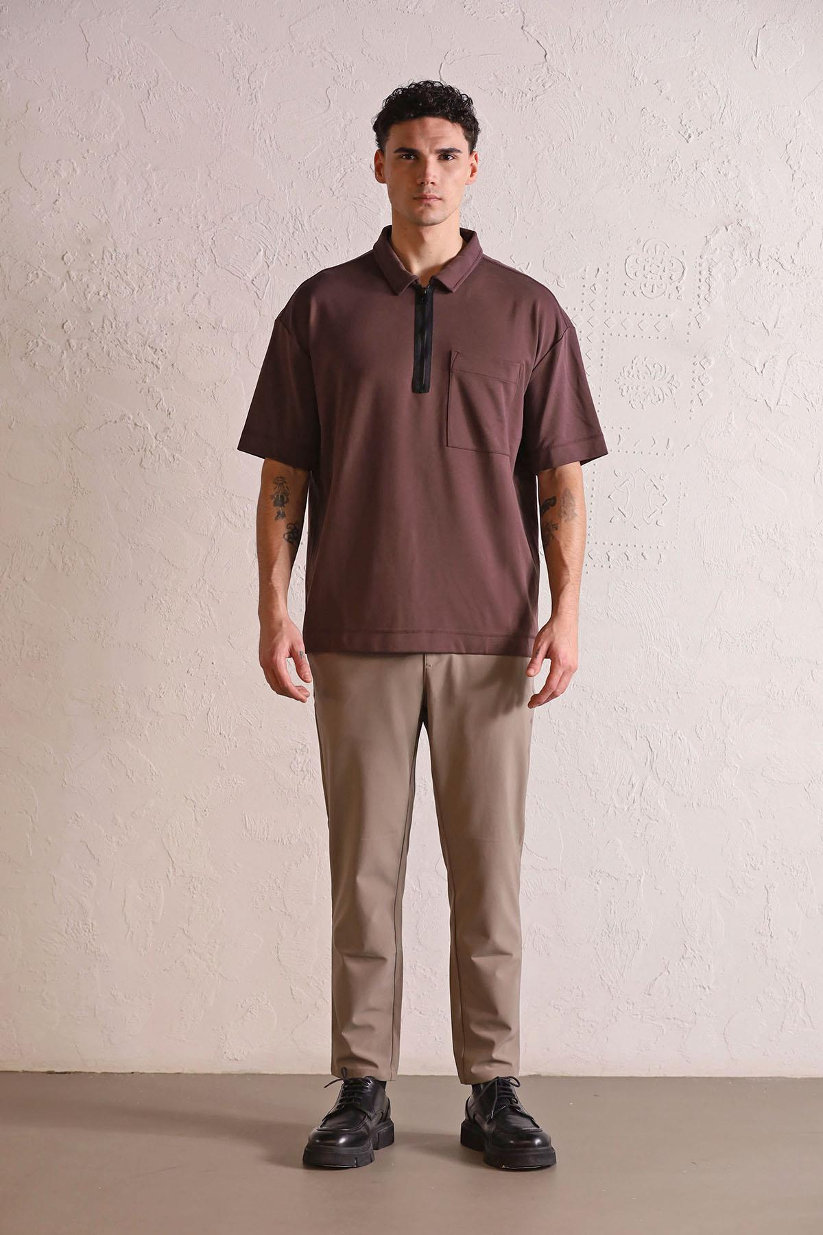 Polo Yaka Patı Fermuarlı Cepli Erkek T-shirt
