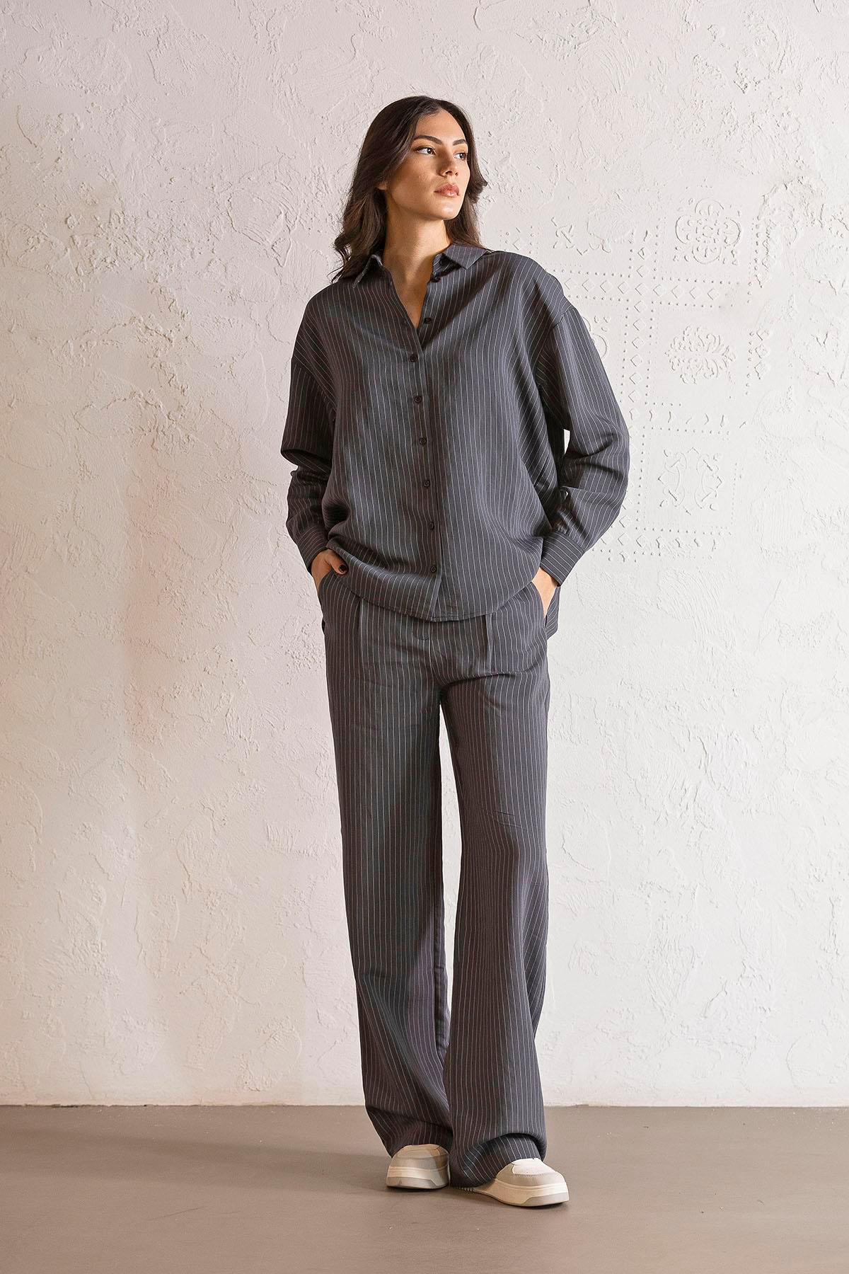 Regular Fit Çizgili Kadın Gömlek