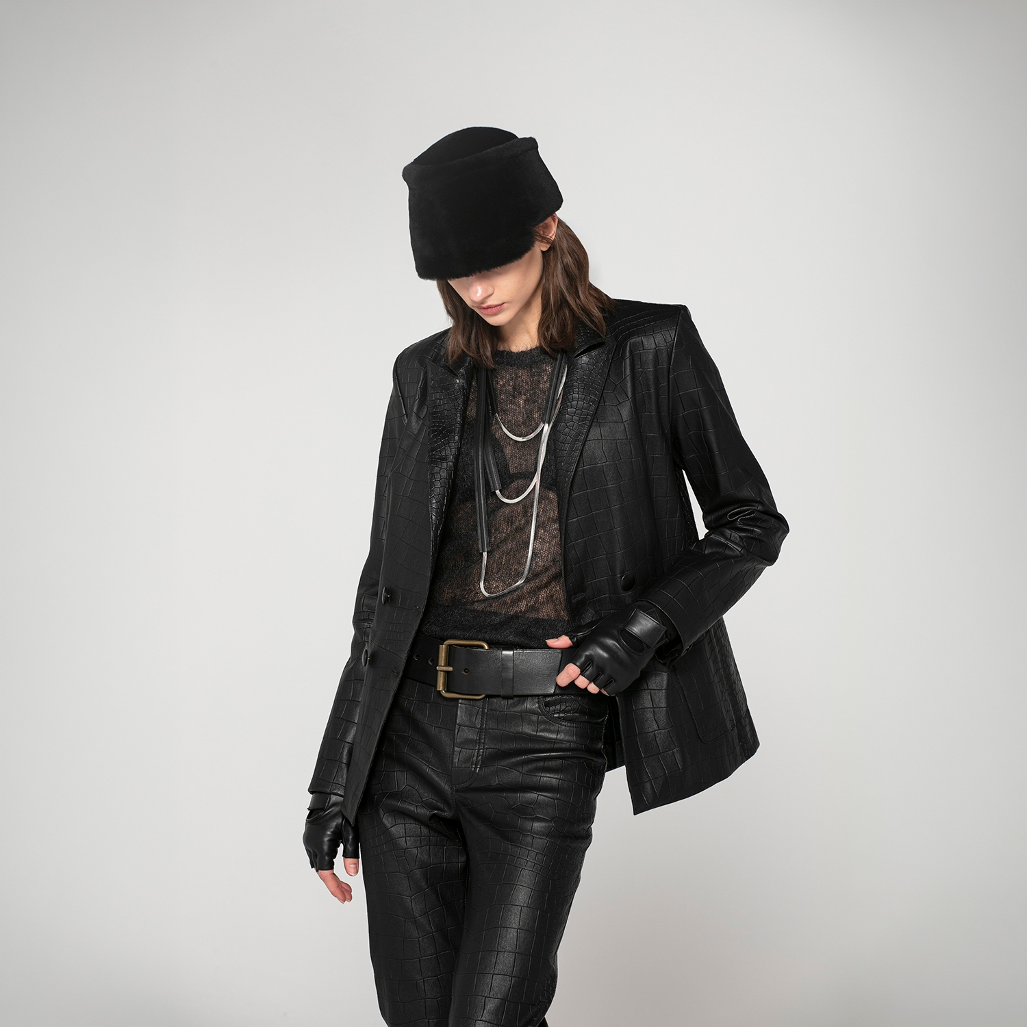 K151991- LEATHER DOUBLE- BREASTED BLAZER