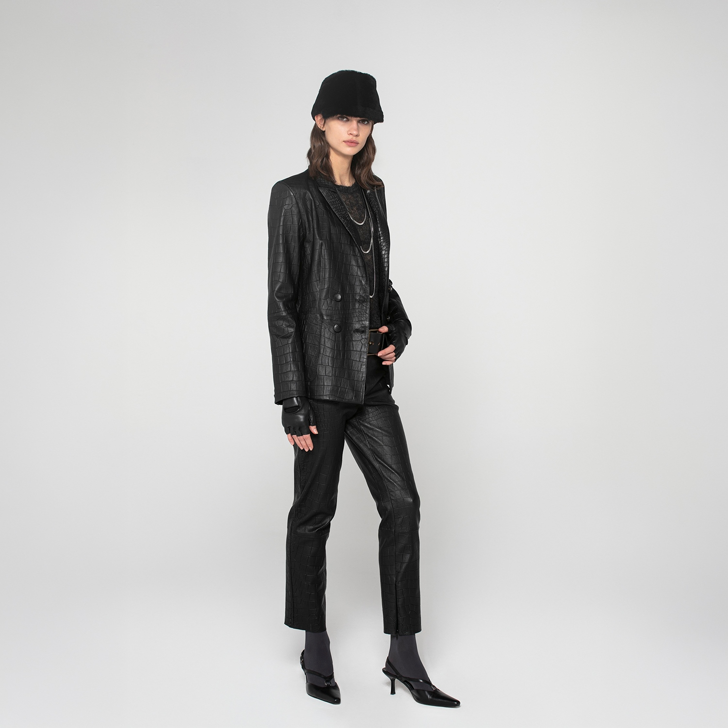 K151991- LEATHER DOUBLE- BREASTED BLAZER