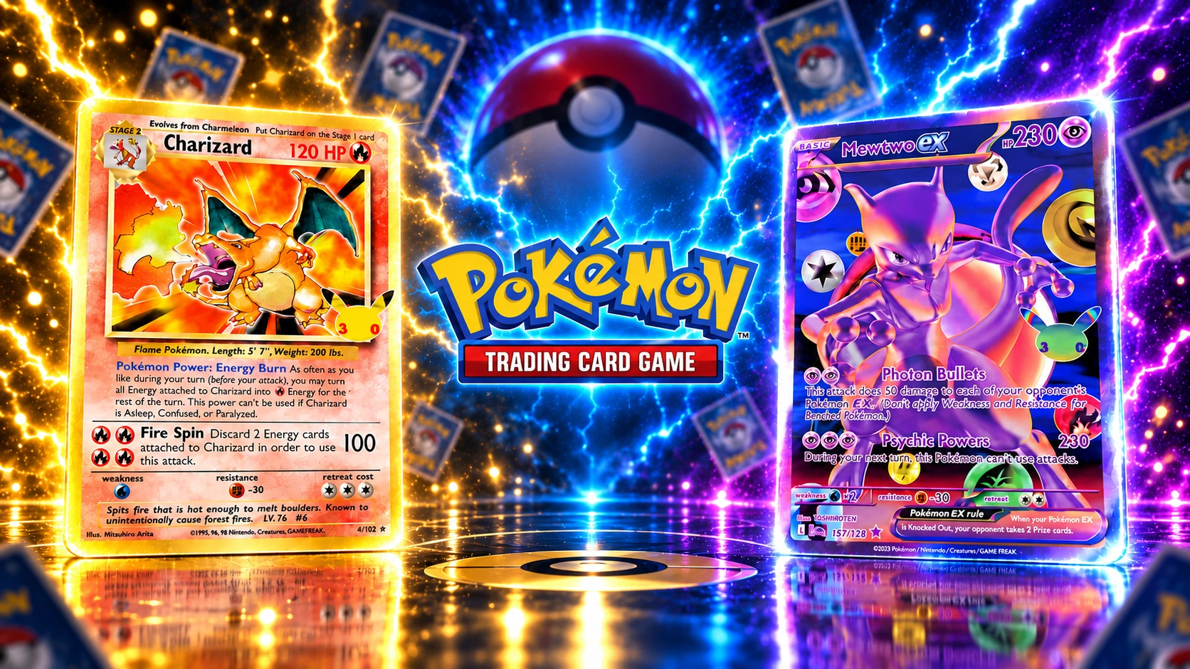 Pokémon TCG — Charizard ve Mewtwo kartları