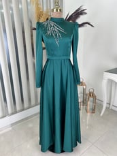 Robe de Soirée Hijab Détaillée Épaule Mina Vert Émeraude