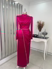 Sare Drapery Stone Detailed Hijab Evening Dress Fuchsia