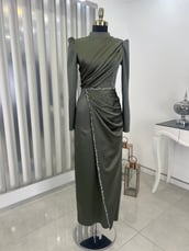 Sare Drape Stone Detailed Hijab Evening Dress Khaki