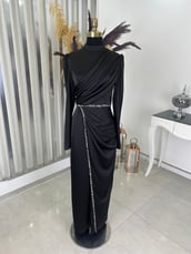 Sare Drape Stone Detailed Hijab Evening Dress Black