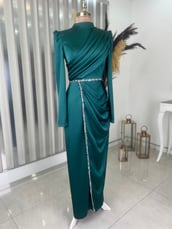 Sare Drape Stone Detailed Hijab Evening Dress Emerald Green