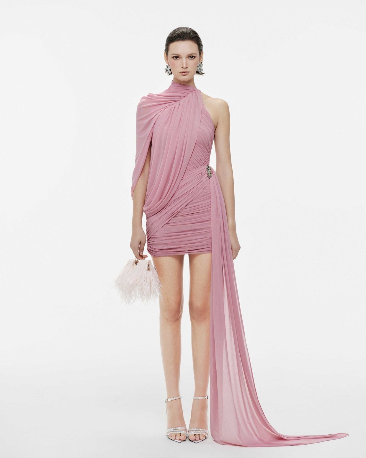 Beli Toka Detaylı Tek Kollu Asimetrik Drape Pembe Mini Tasarım Elbise
