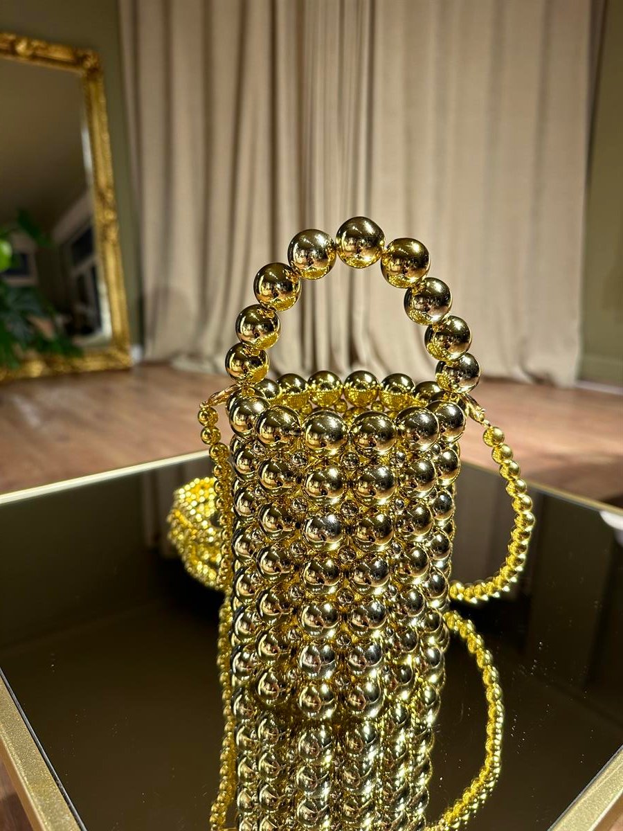Boncuklu Silindir Gold Çanta