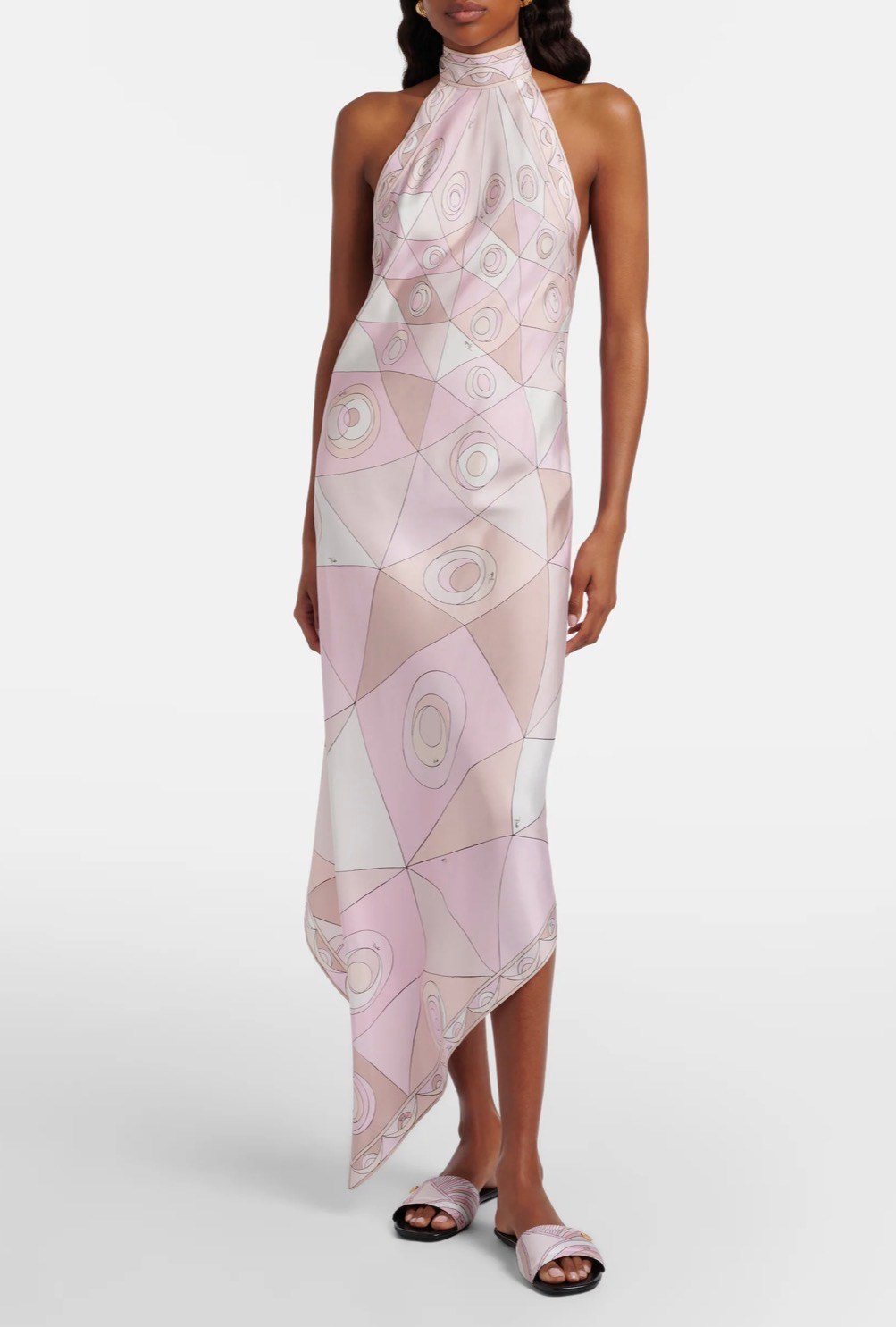 Halter Yaka Pembe Desenli Saten Premium Midi Elbise