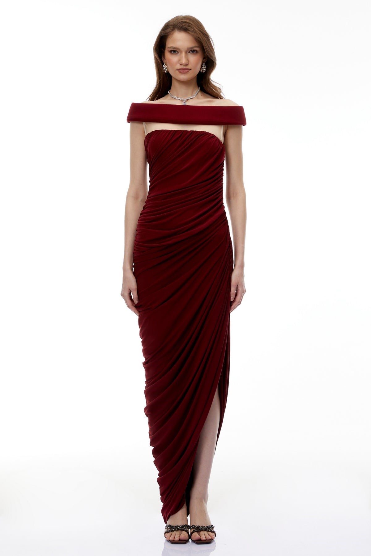 Omzu Şerit Detaylı Transparan Tüllü Pencereli Full Drape Bordo Elbise