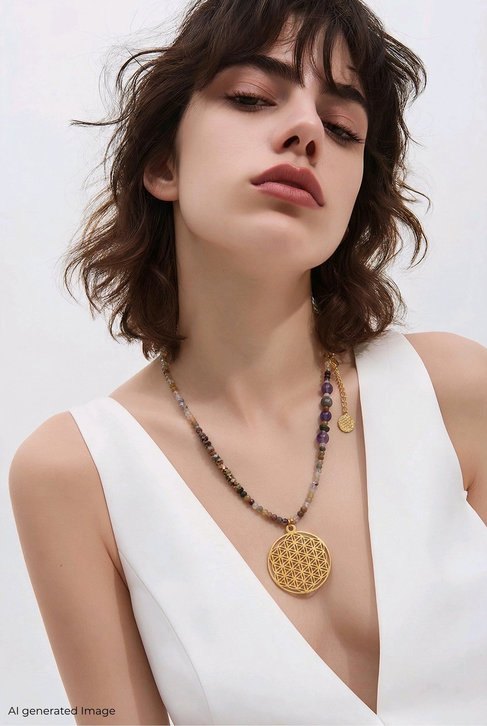 DELTA Handmade Kolye | Ametist, Jasper, Hematit Taşı, Altın Kaplama Yaşam Çiçeği Kolye Ucu, Yarı Değerli Taş