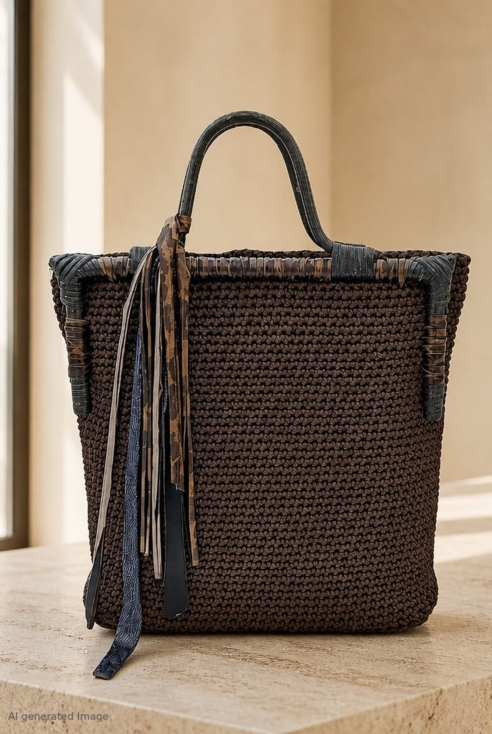 Handmade Çanta I Bambu Saplı, El Örgüsü, Kumaş Charm Detaylı Çanta