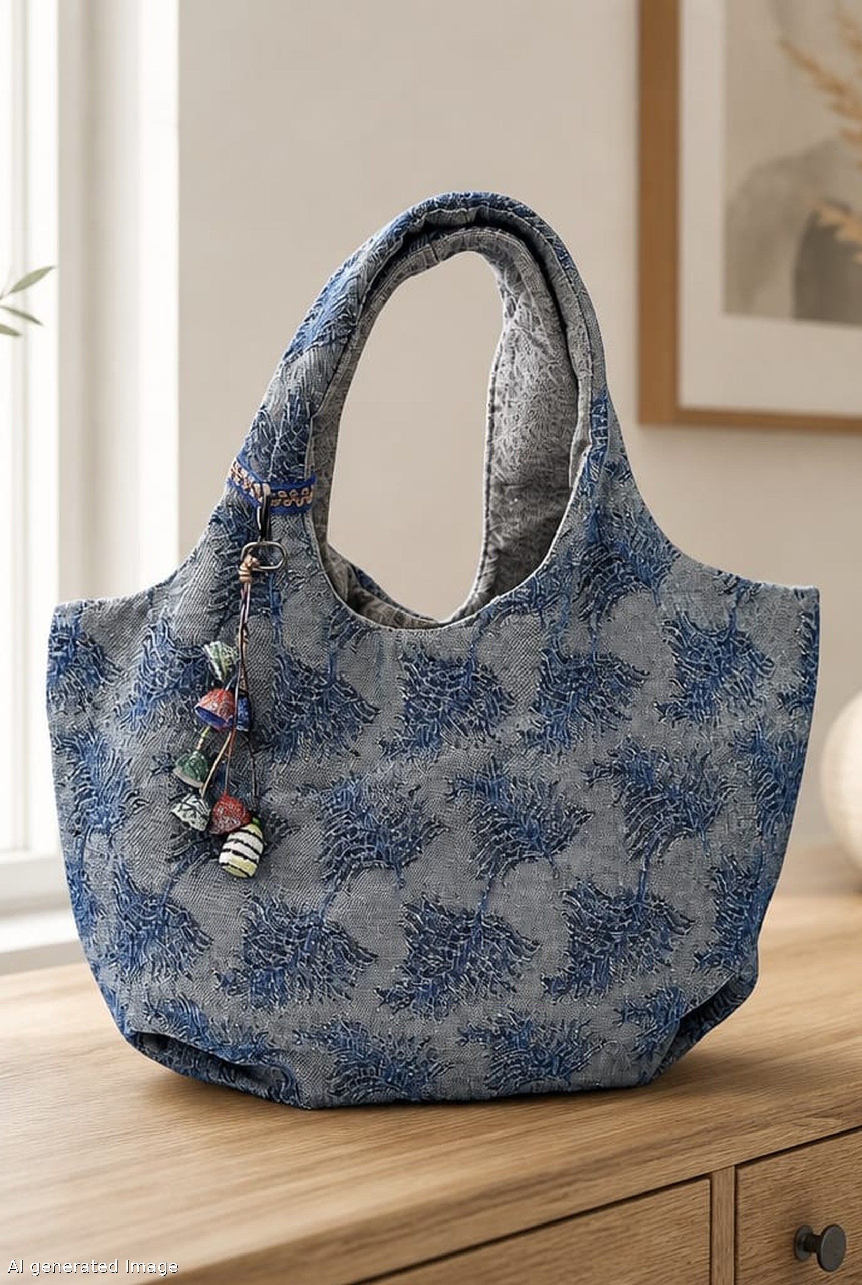 Handmade Çanta I Denim Desenli Kumaş,Balon Çanta