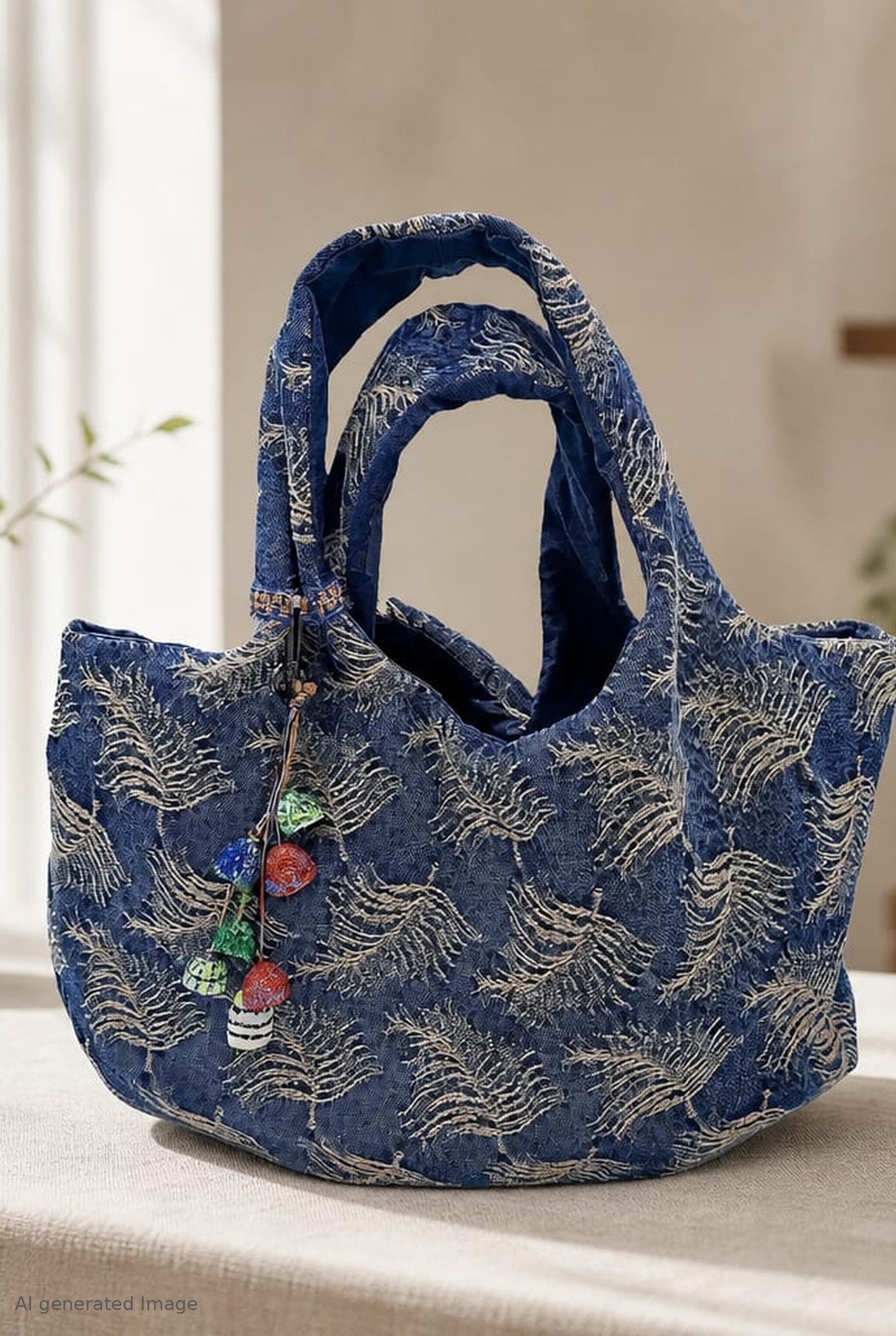 Handmade Çanta I Denim Desenli Kumaş,Balon Çanta
