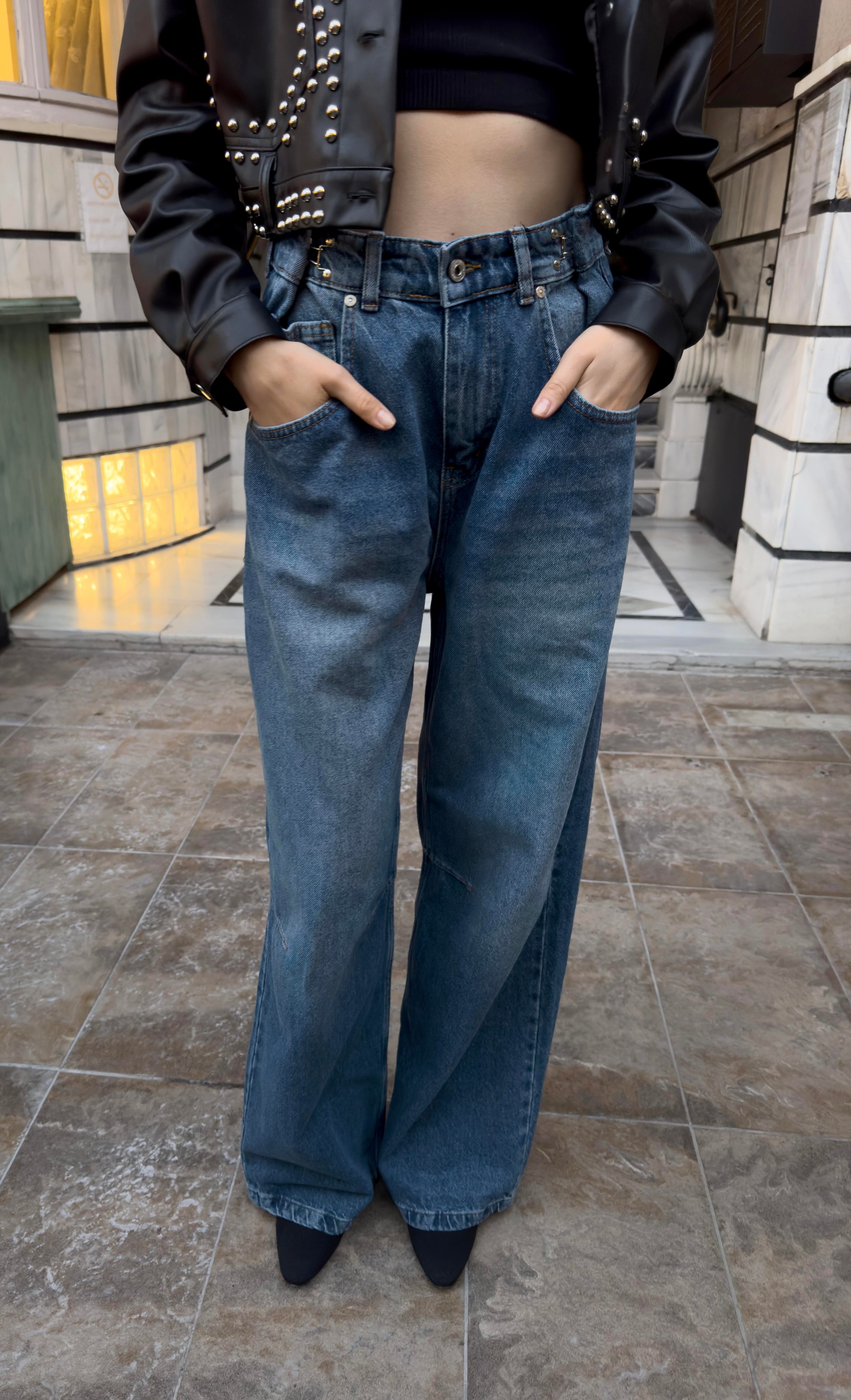 Kadın Beli Kanca Detaylı Denim  Jeans