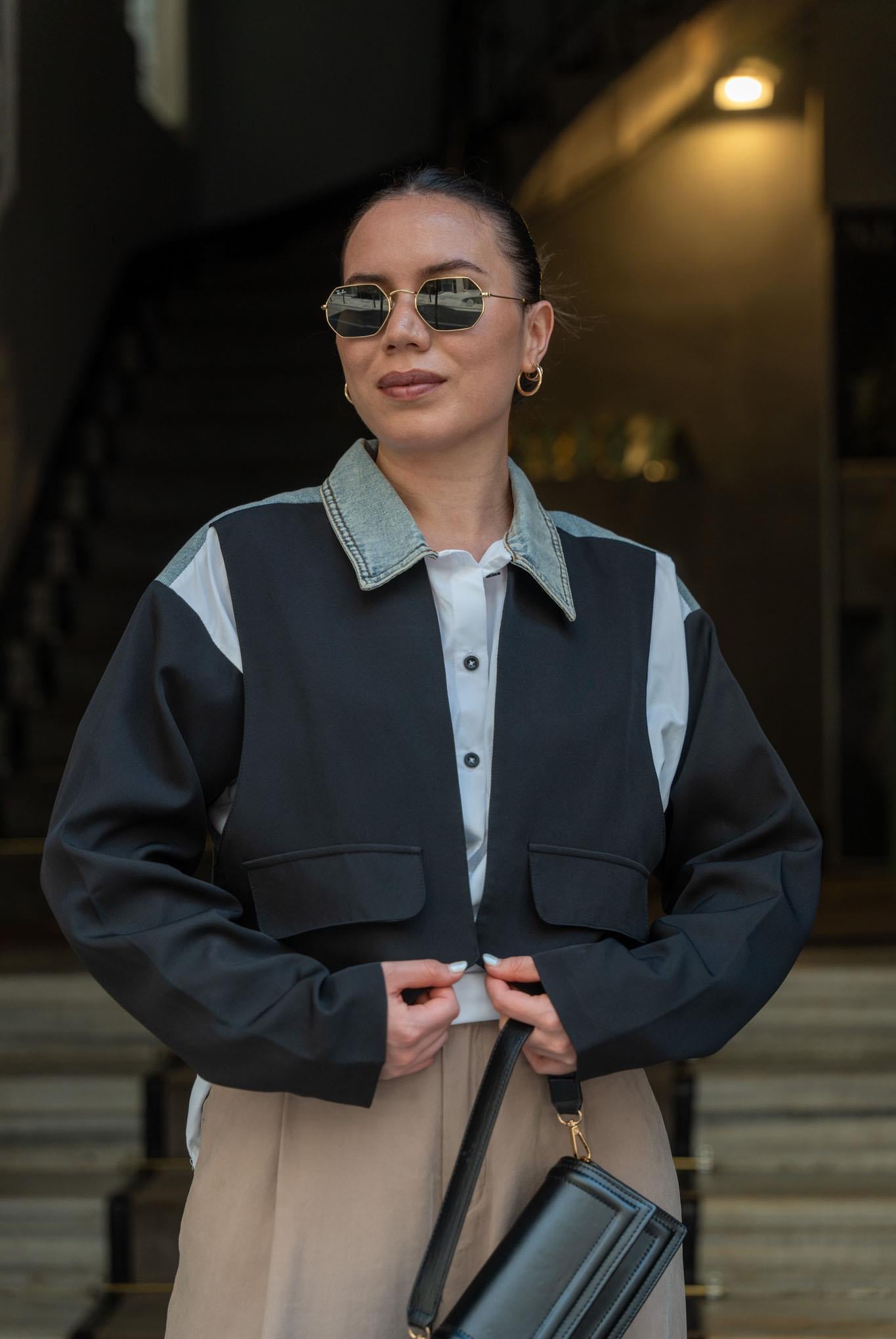 Kadın Splice  Denim Blazer ceket Streetwear Gömlek