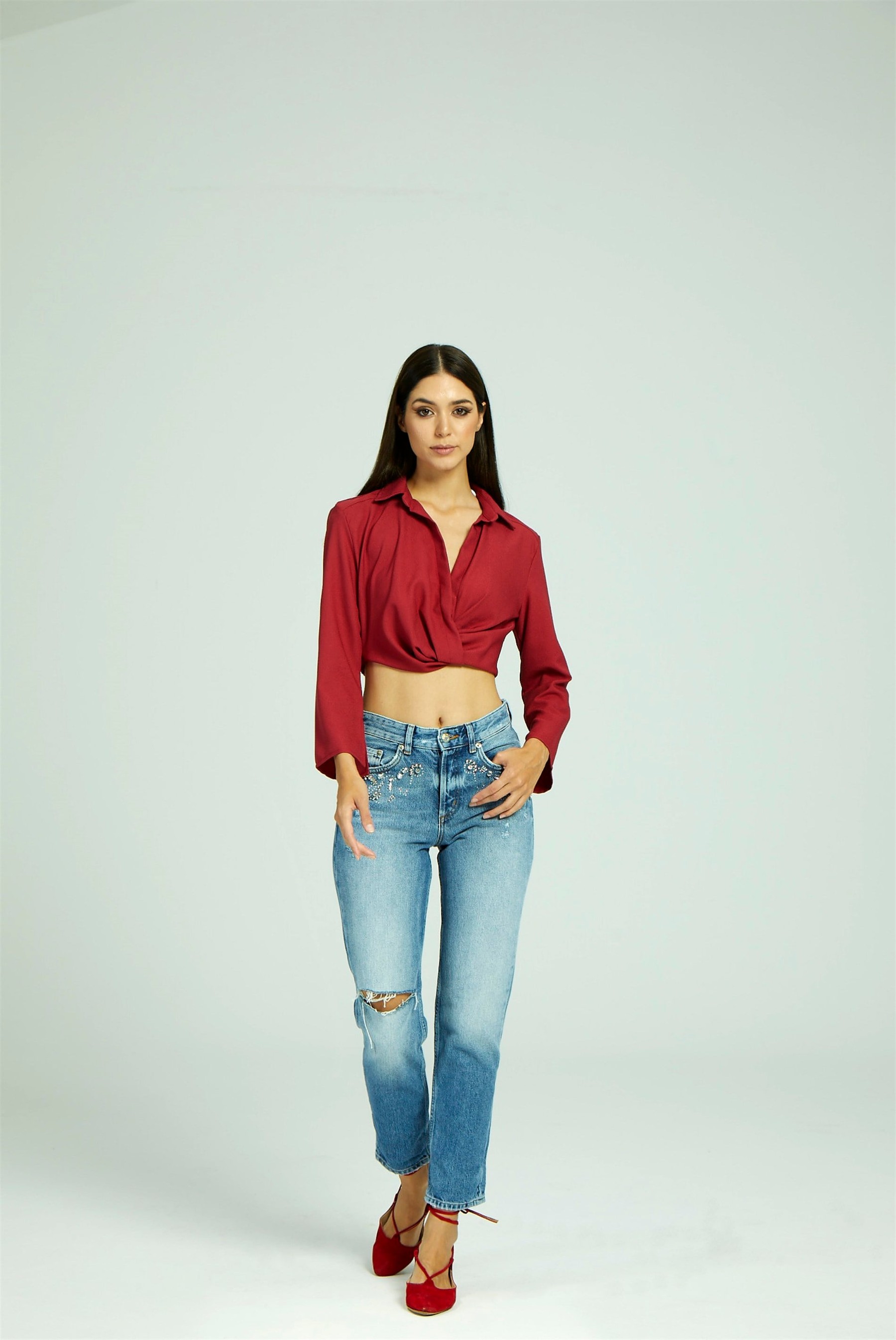 Kadın Taşlı Mom Jean 