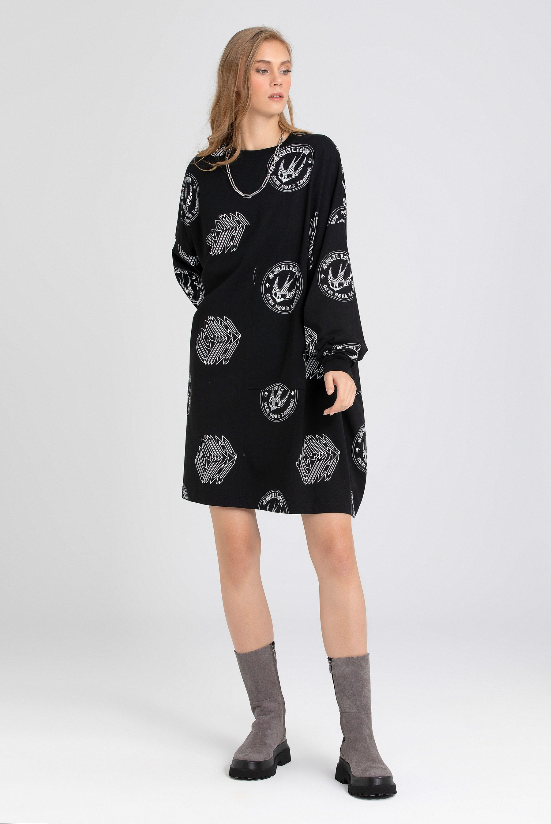 Oversize Kırlangıç Sloganlı Sweatshirt Elbise