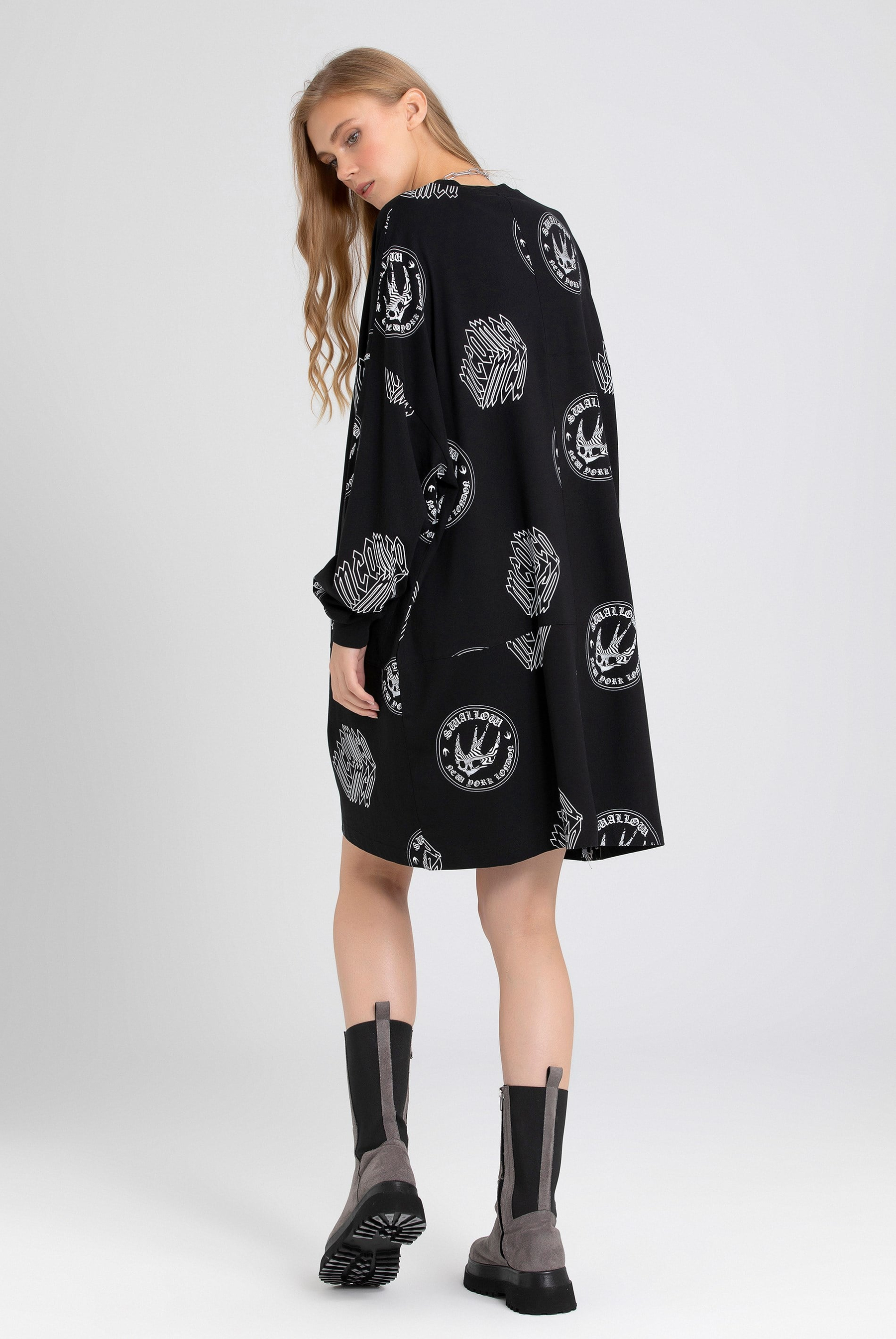 Oversize Kırlangıç Sloganlı Sweatshirt Elbise