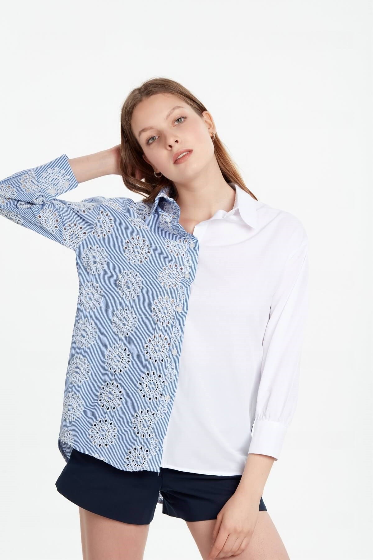 Brode nakışlı mavi beyaz gömlek ve diğer Bluz/Gömlek modellerimiz için online alışveriş mağazamızı ziyaret edin. 