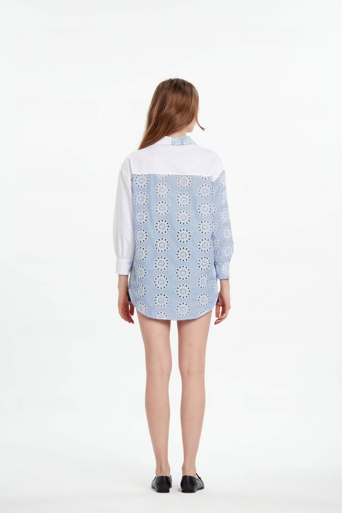 Brode nakışlı mavi beyaz gömlek ve diğer Bluz/Gömlek modellerimiz için online alışveriş mağazamızı ziyaret edin. 