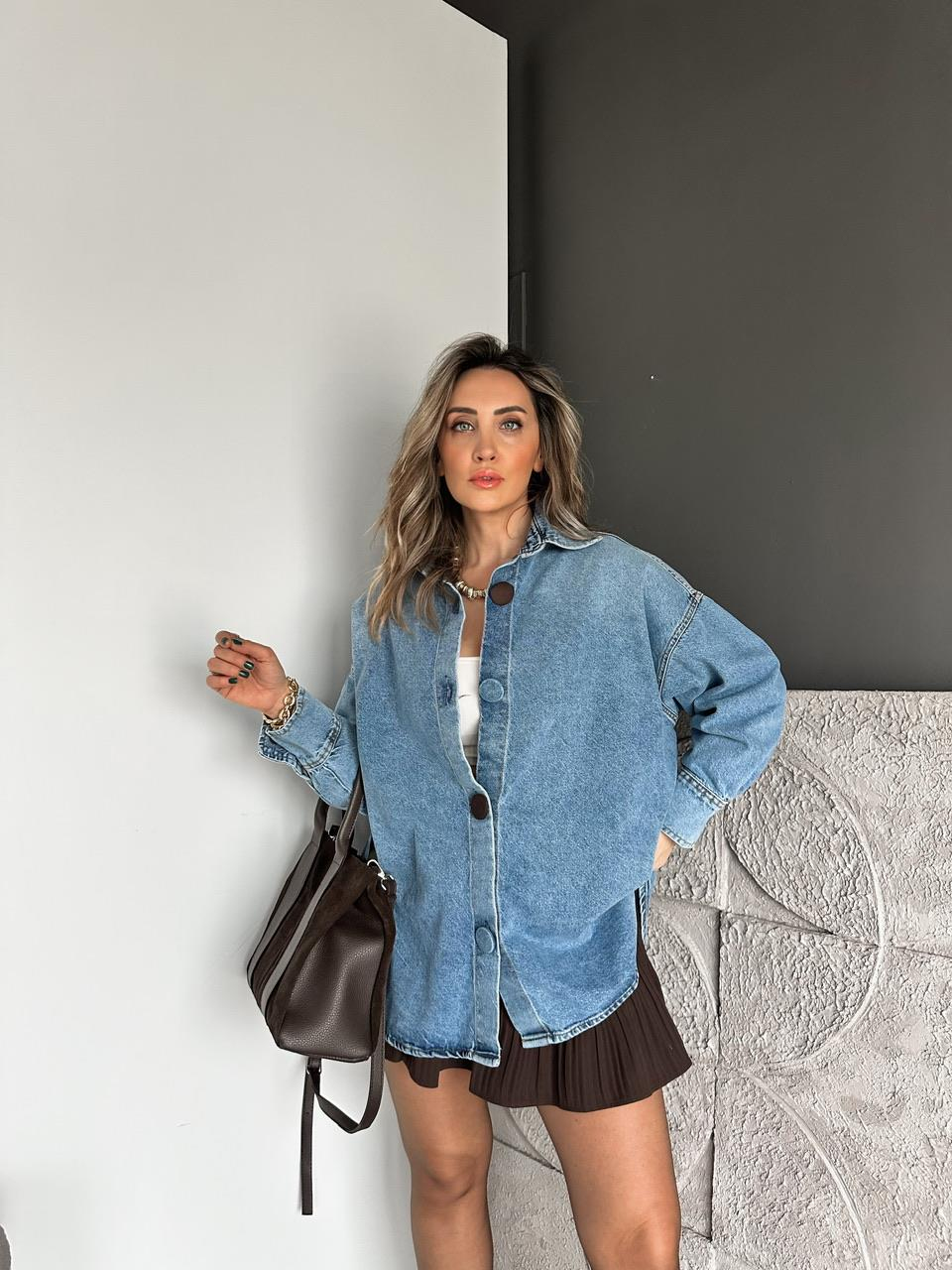 Açık Mavi Kaplama Düğmeli Oversize Kot Ceket