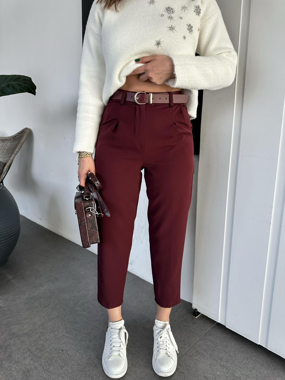 Bordo Kemerli Pensli Pantolon
