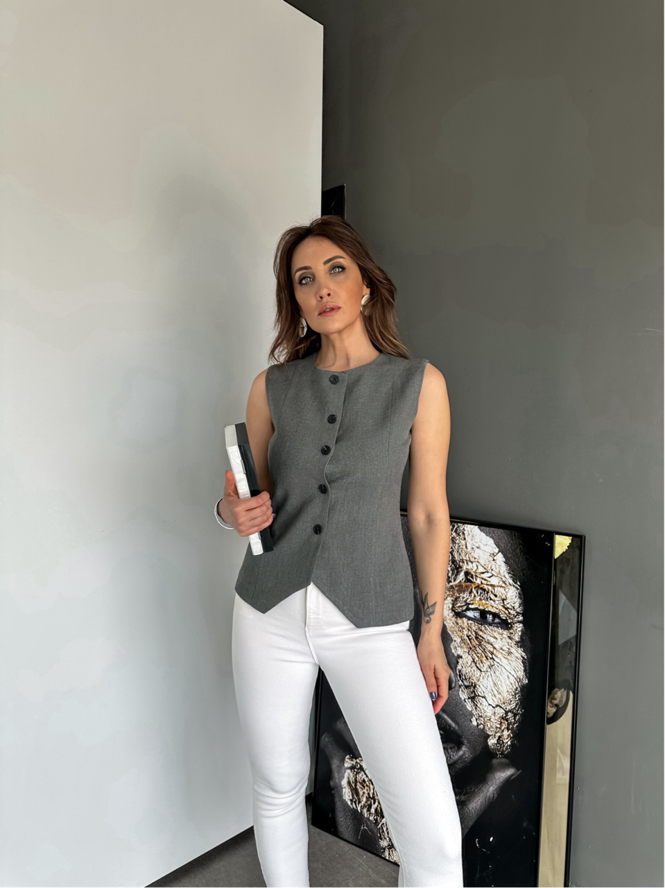 Gri Asimetrik Premium Yelek