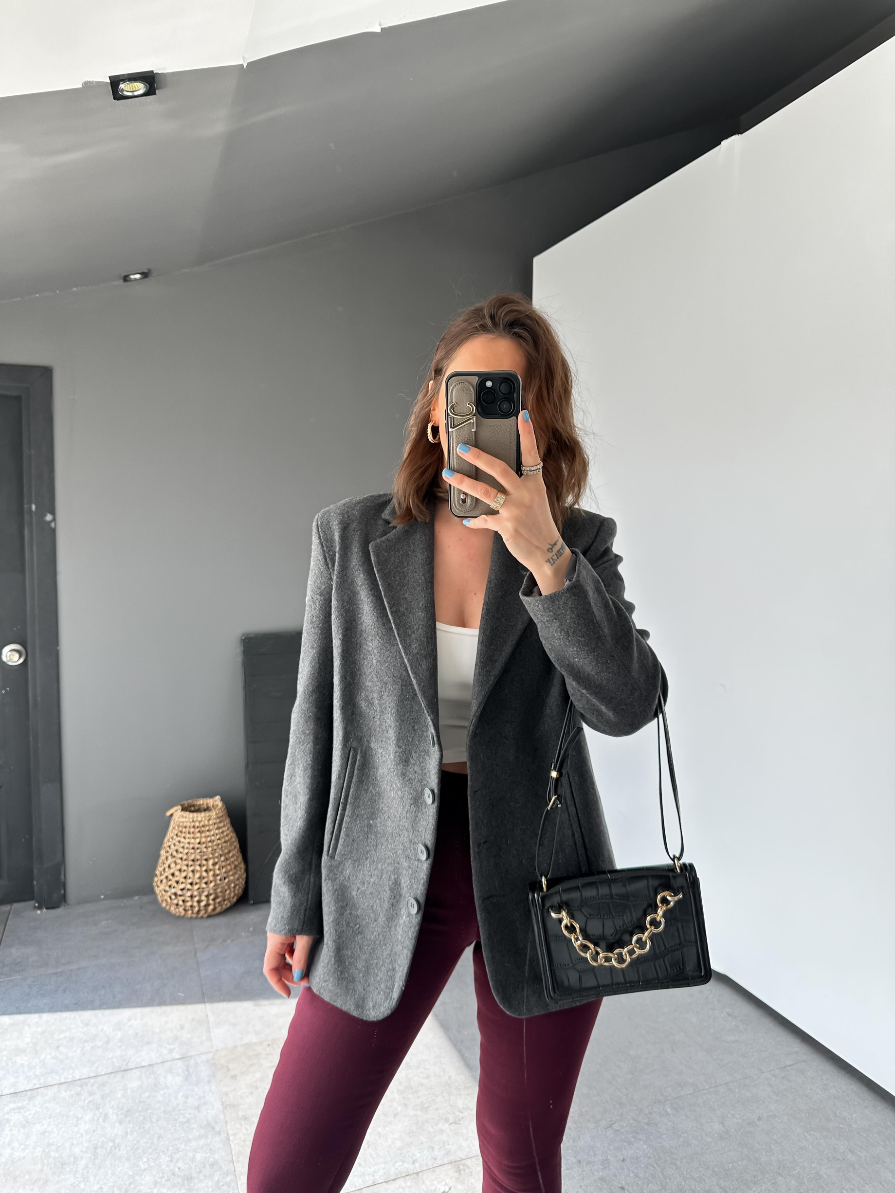 Gri Düğme Detaylı Premium Kaşe Ceket