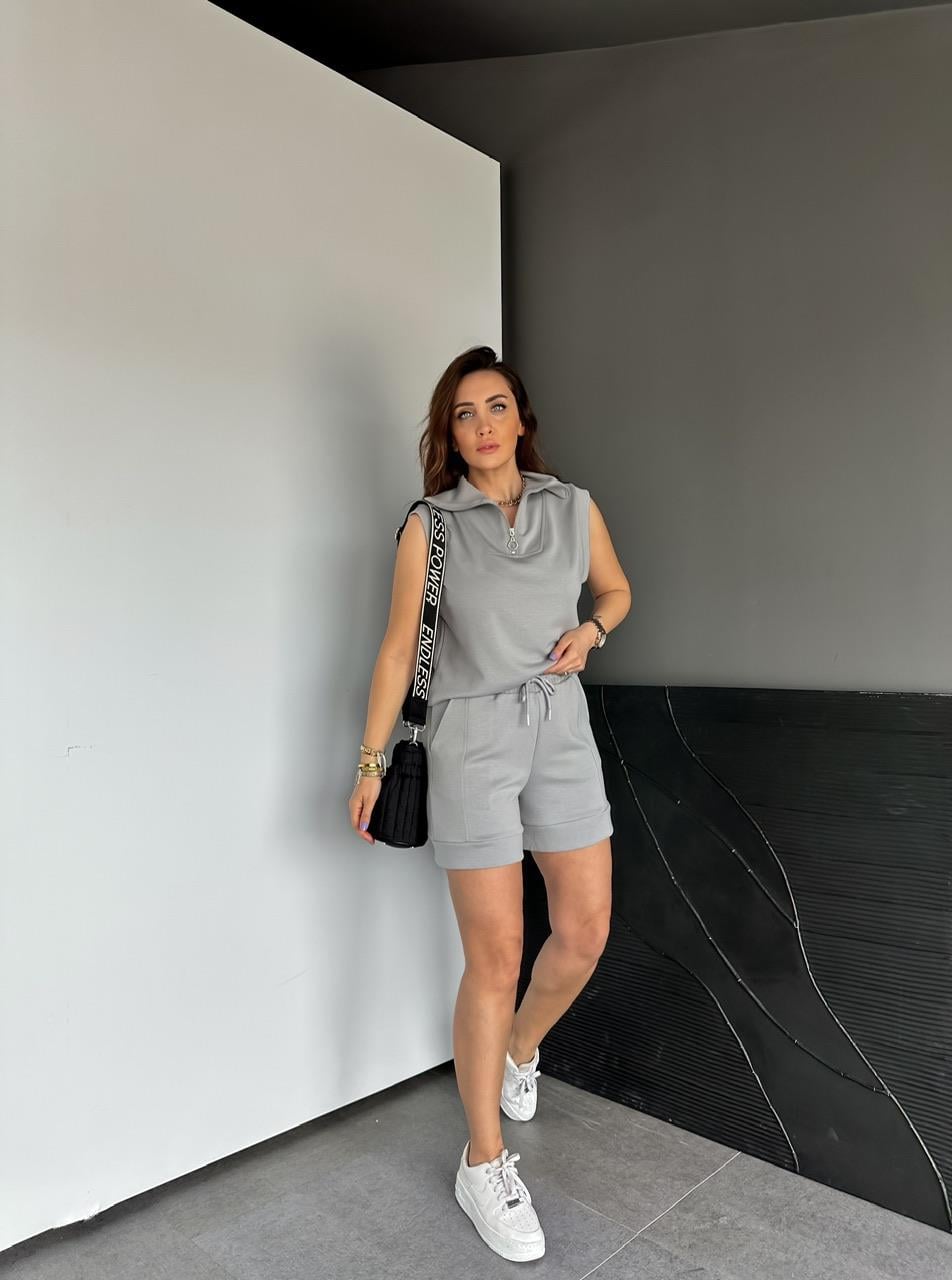 Gri Polo Yaka Şortlu Modal Takım