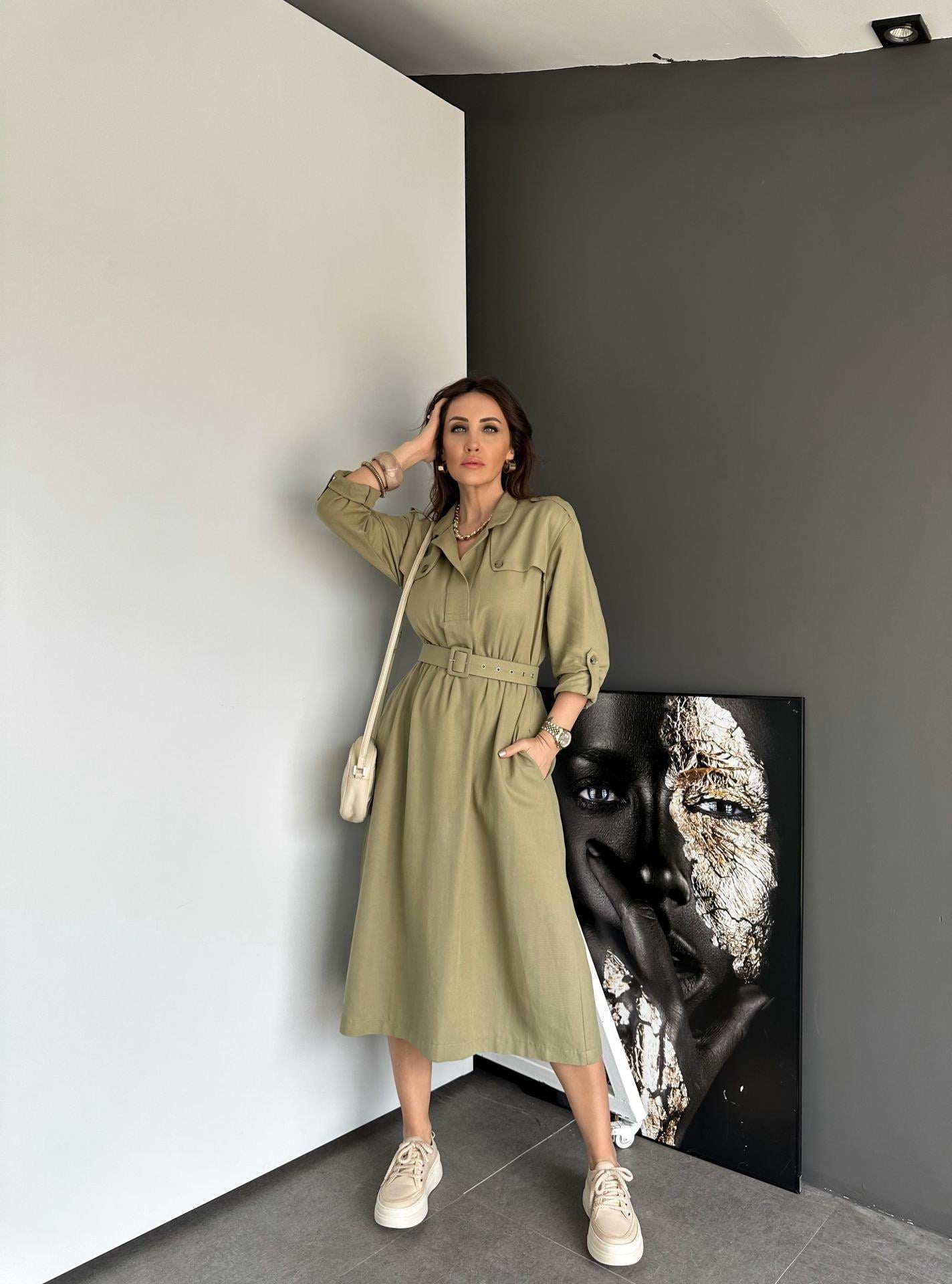 Haki Safari Beli Kemerli Keten Elbise