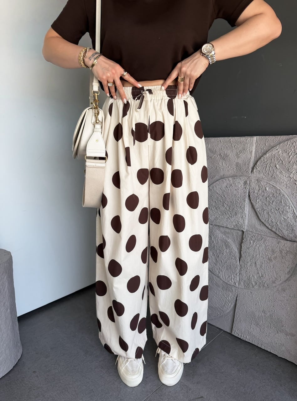 Krem Puantiyeli Beli Lastikli Poplin Pantolon