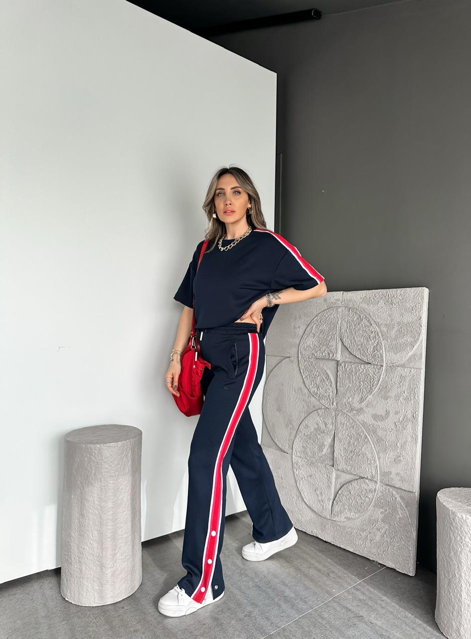 Lacivert File Şeritli Çıtçıtlı Premium Takım