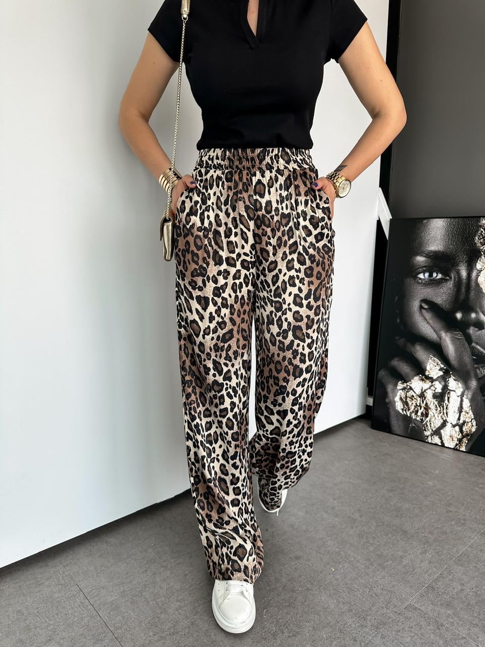 Leopar Beli Lastikli Saten Pantolon 