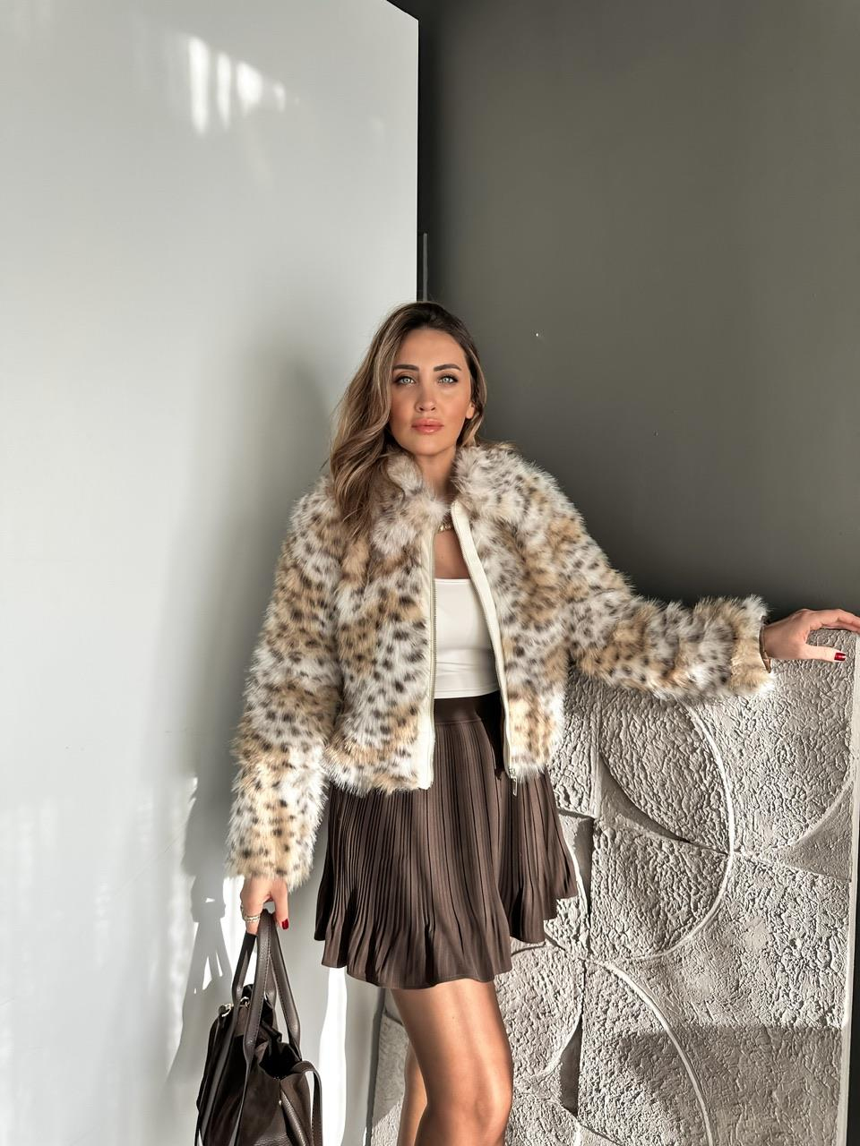 Leopar Fermuarlı Kürk ceket