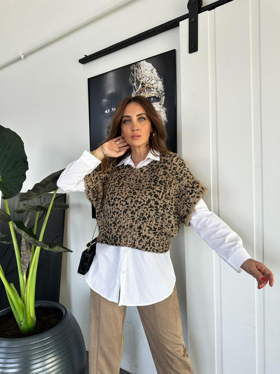 Leopar Pullu Gömlekli Triko