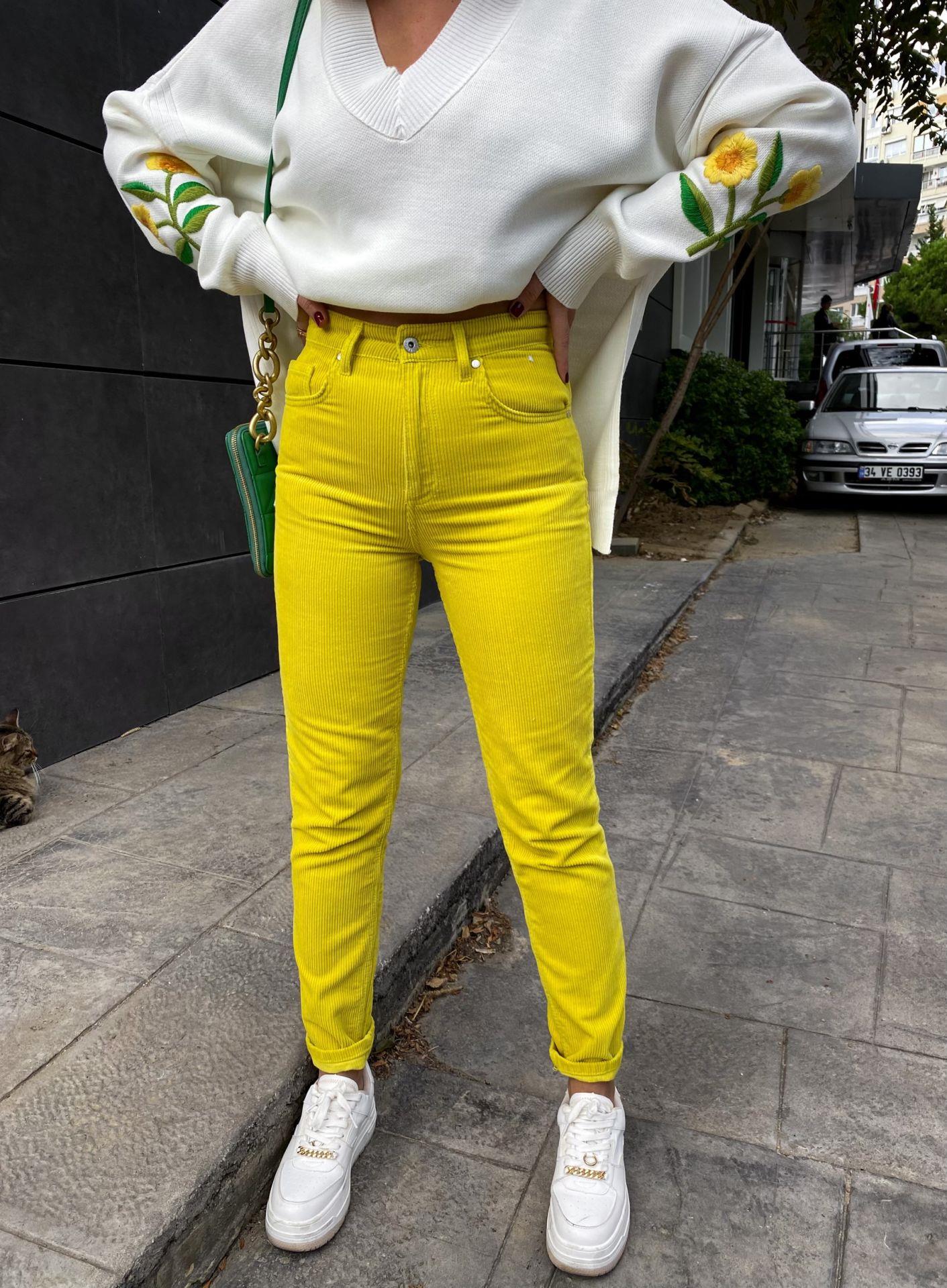Neon Sarı Fitilli Kadife Pantolon