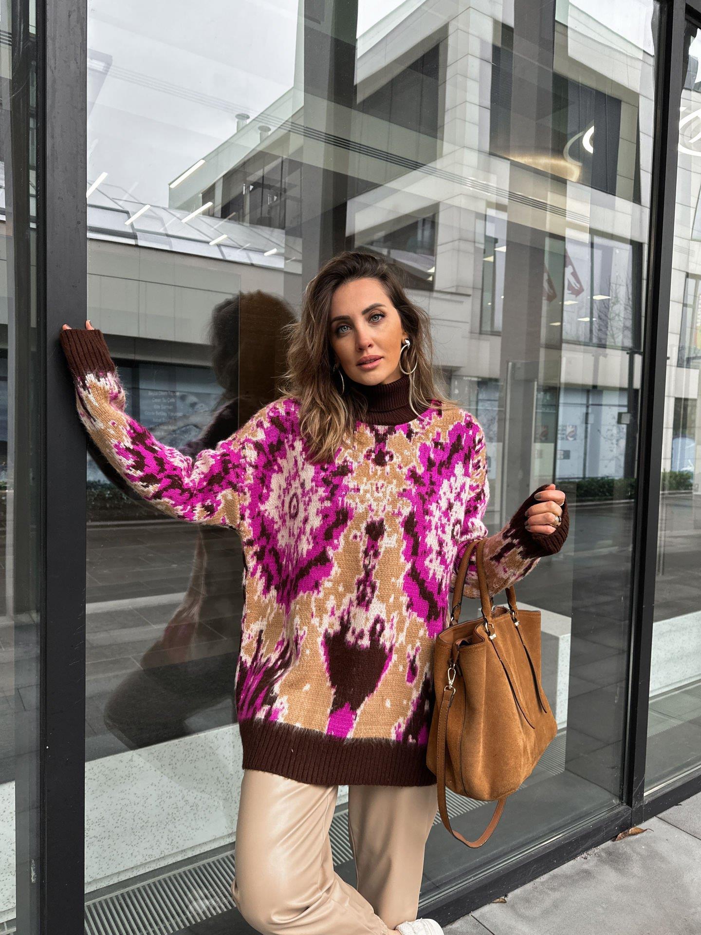 Pembe Batik Desen Balıkçı Yaka Kazak