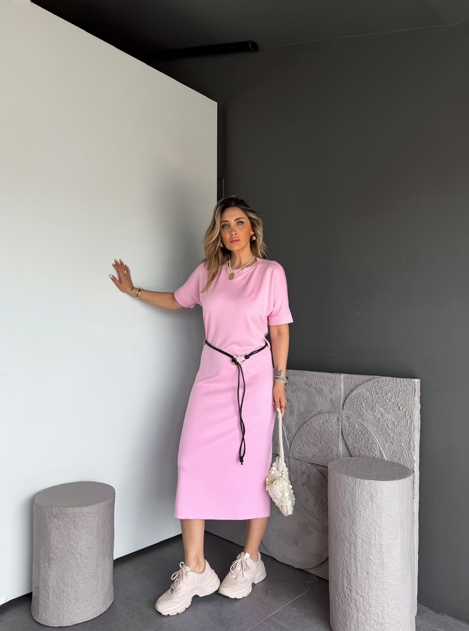 Pembe Kemer Aksesuarlı Modal Elbise