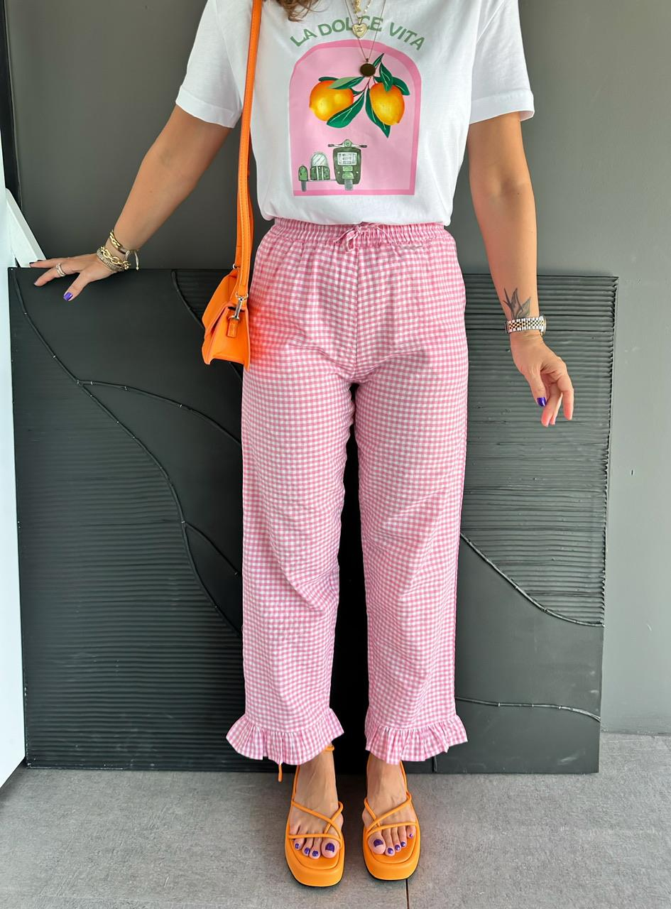 Pembe Paçası Fırfırlı Ekose Pantolon