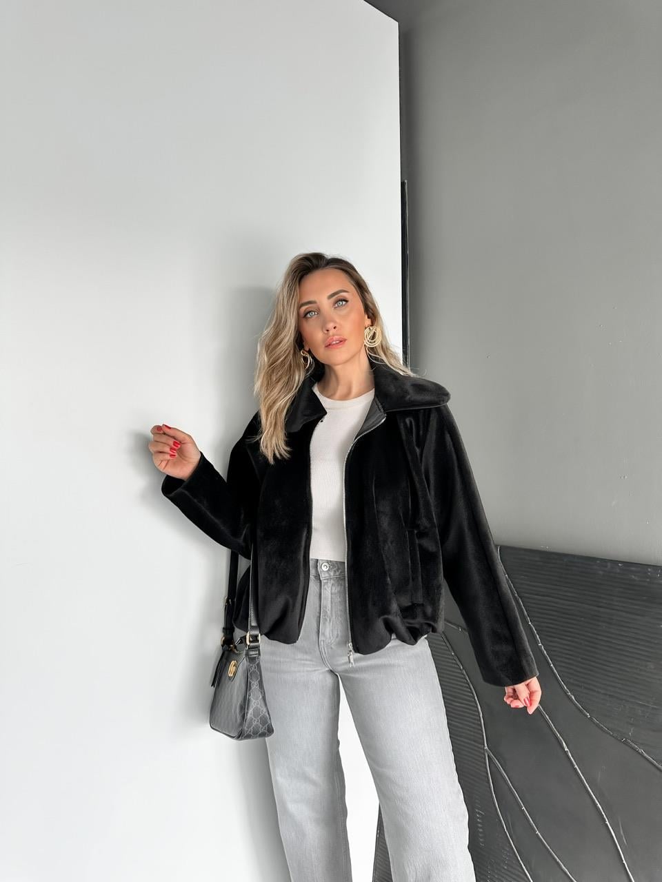 Siyah Deve Tüyü Bomber Mont