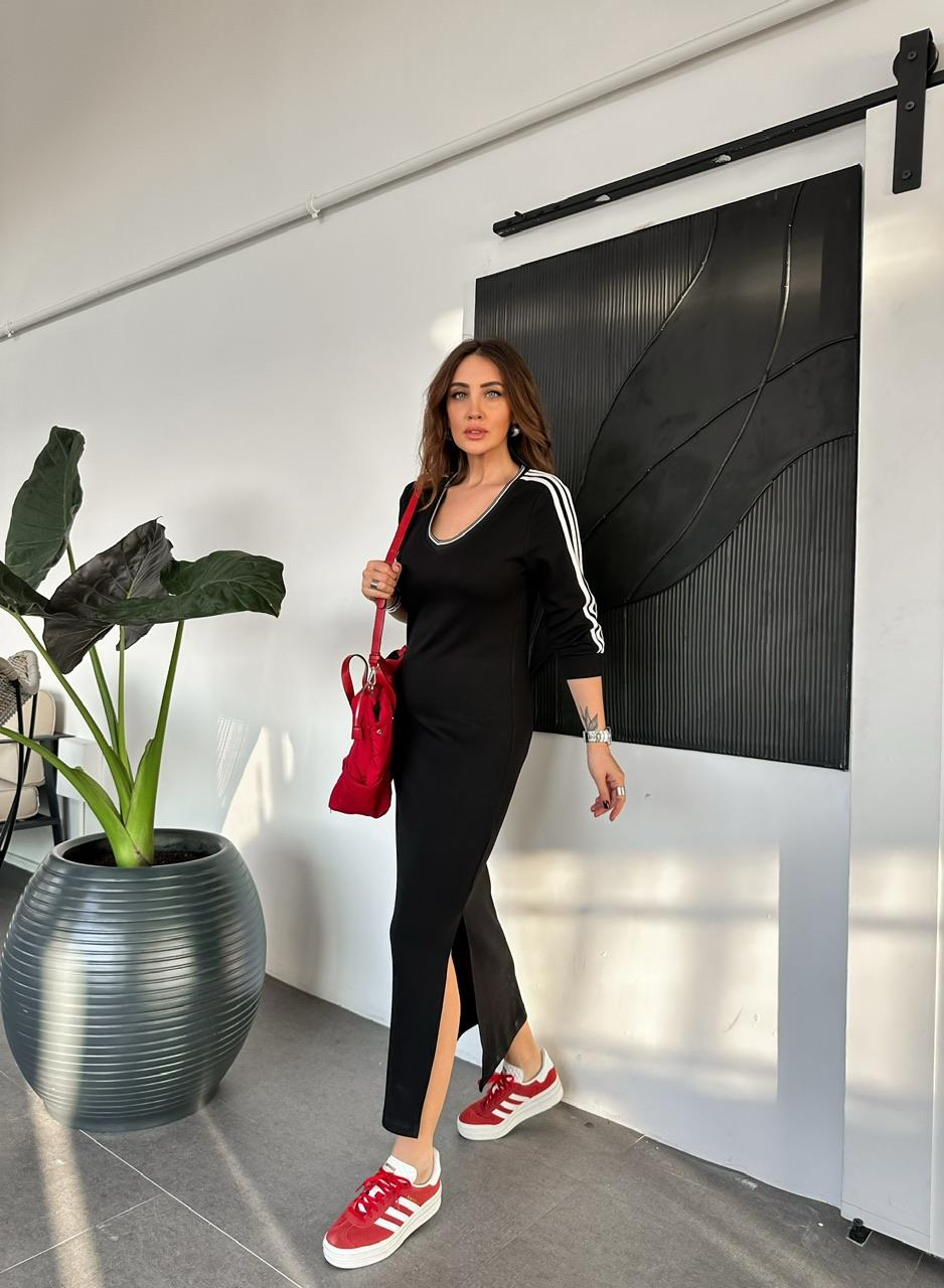 Siyah Şeritli V Yaka Modal Elbise 