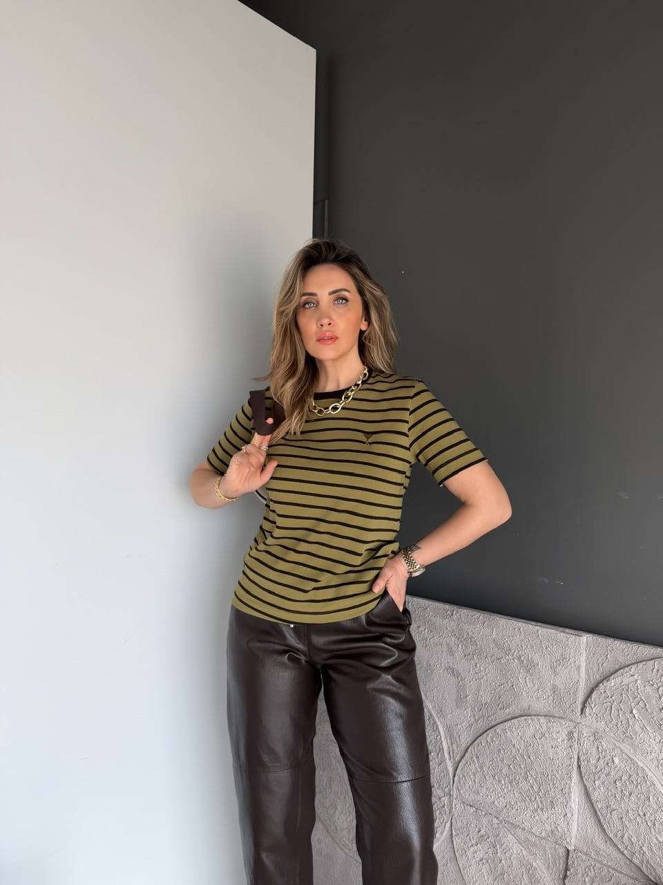 Yeşil Çizgili Cotton Ami Tshirt