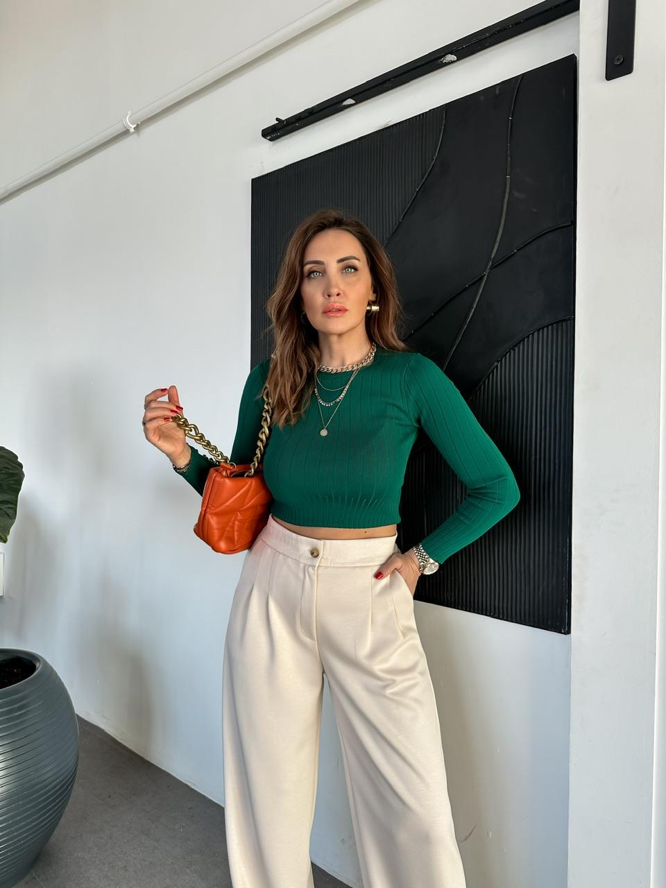 Yeşil Fitilli Likralı Basic Triko